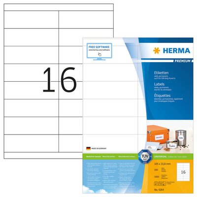 Nr. 224264, 105,0x33,8mm, auf A4, weiß,
Pack 100 Bl/1600 St. Artikelbild 224264