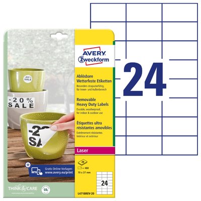 Nr. 471802, 70x37mm, wetterfest, ablösbar, auf A4, weiß, Pack 20 Blatt/480 Stück Artikelbild 471802