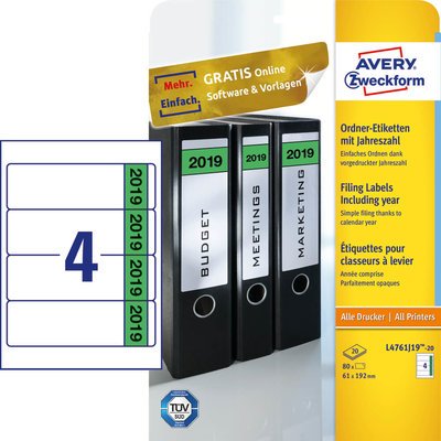 Nr. 476119, breit/kurz, 192x61mm, auf A4, weiß, Pack 20 Blatt/80 Stück Artikelbild 476119