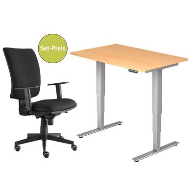 Nr. SET001, Tisch: 160 x 80 cm (BxT), elektrisch höhenverstellbar (63,5 - 128,5 cm), Stuhl: mit höhenverstellbaren Armlehnen Artikelbild SET001